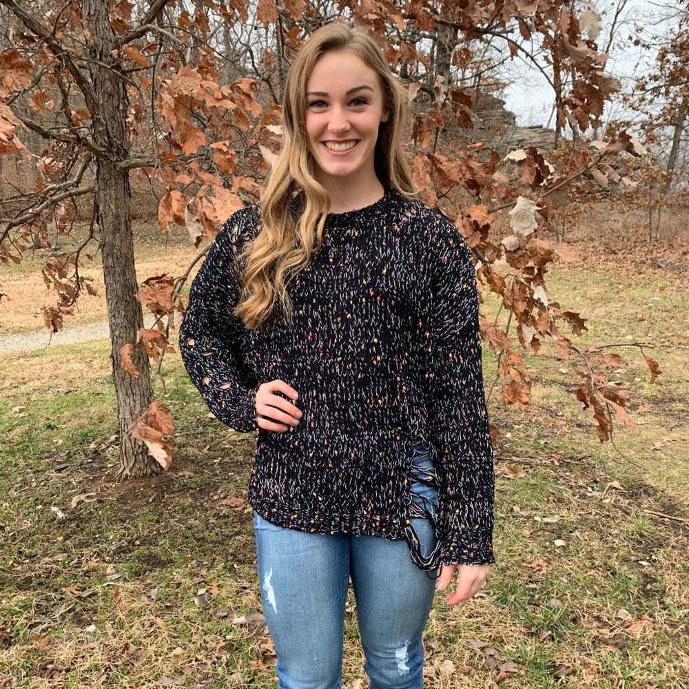NWT Black Confetti Distressed Sweater
